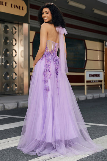 Splendida A Line Halter Neck Grigio Corsetto Viola Prom Dress con Appliques